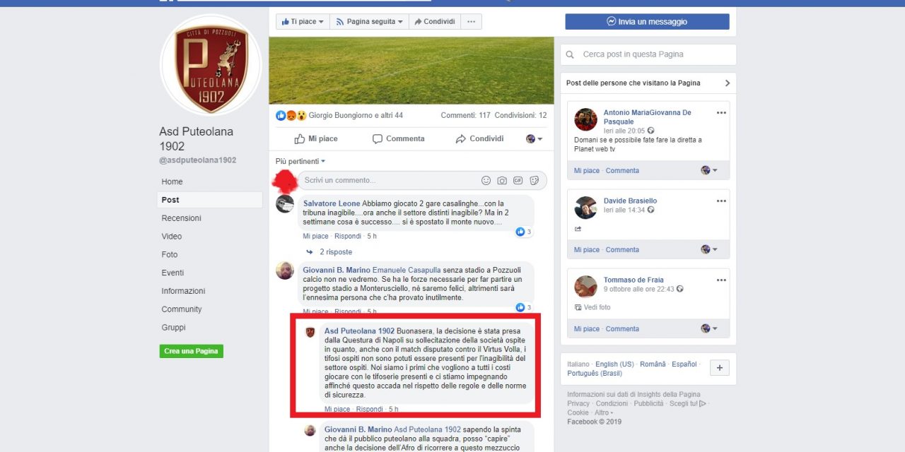 Puteolana – Afro Napoli a porte chiuse, il club biancoverde si difende dall’attacco social dei granata