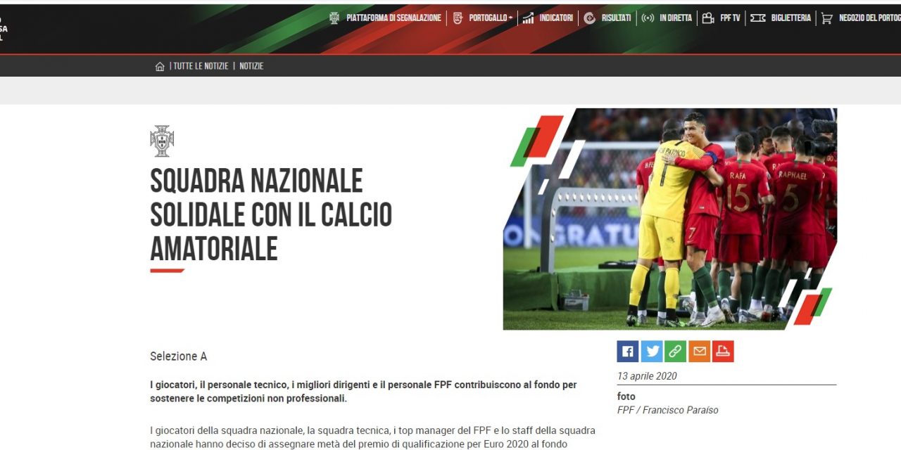 Portogallo, si ferma il calcio dilettante e gesto solidale della nazionale verso i club non professionisti