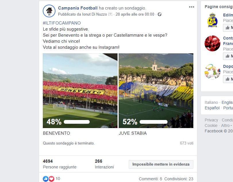 SONDAGGIO CF | La Juve Stabia vince sul filo del rasoio: +12 voti sul Benevento su 1.164 votanti
